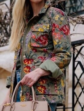 H&M Floral Utility Jacket Size 14 Safari Cargo Cottagecore Zip Cotton